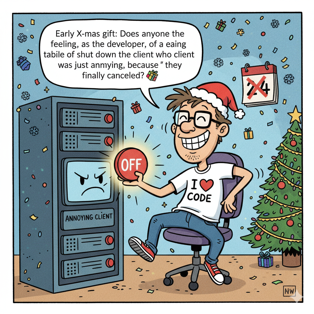 Early X-mas gift: Does anyone know the feeling, as a developer, of being able to shut down the server for a client who was just annoying, because they finally canceled? 🕺